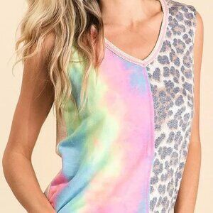 BiBi Sleeveless Print Mix Front Top with Contrast‎